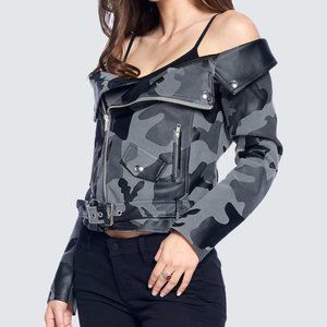 CAMO OFF SHOULDER JACKET. NEW. TOO SMALL FOR ME.